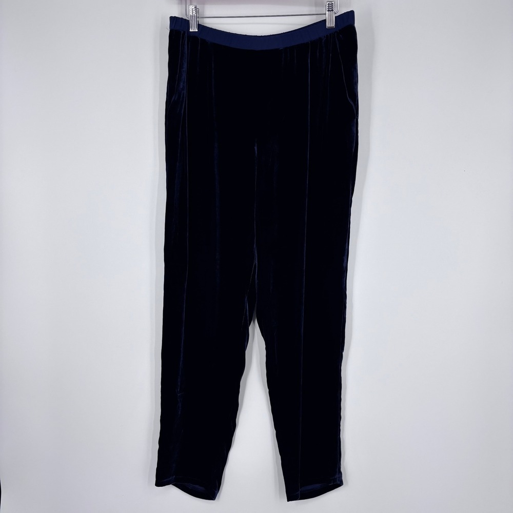 Eileen Fisher Velvet Pants Womens S/P Navy Blue Silk Blend Tapered Elastic Waist